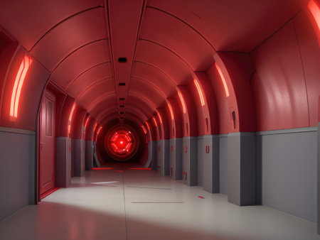 A long, curved red corridor in a futuristic setting, illuminated with red lights and leading to a glowing hexagonal portal at the end.の素材