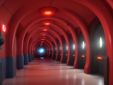 A long, curved red corridor with glowing lights and dark doors, leading to a bright light at the end, reminiscent of a futuristic spaceship interior.の素材