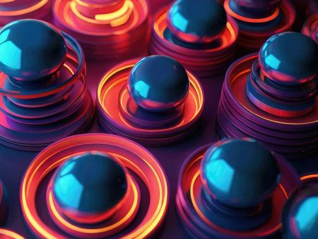 The image showcases a series of glossy spheres nestled within concentric, neon-lit circles, creating a dynamic and colorful abstract composition.の素材