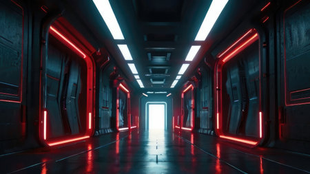 A long futuristic corridor with red and blue neon lights illuminating a sleek metallic interior.の素材