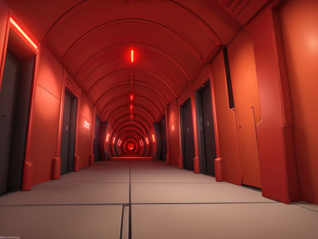 A long, futuristic corridor with red walls, dark doors, and red lighting creates a striking visual effect.の素材