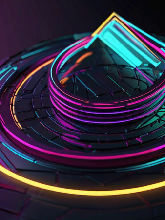 A futuristic digital artwork showcasing a dark metallic structure illuminated by vibrant neon lights in various colors.の素材