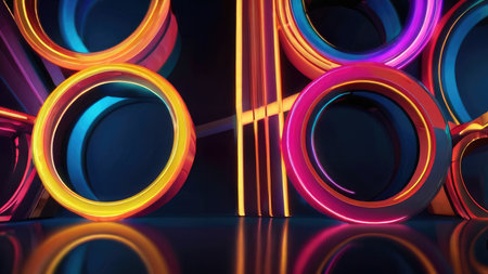 A digital artwork featuring vibrant neon circles and lines reflecting on a dark surface creating a dynamic abstract composition.の素材