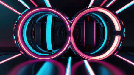 A digital rendering showcases interconnected neon rings with vibrant pink and blue lighting, creating a futuristic and abstract visual.の素材