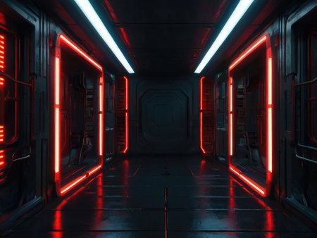A digital rendering of a dark futuristic corridor illuminated by red and white neon lights, showcasing a sleek metallic design.の素材