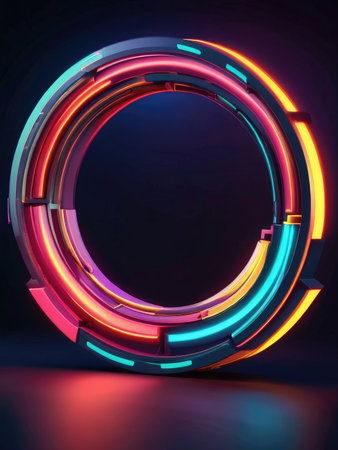 A digital rendering of a vibrant circular abstract design with neon-like lighting effects and multiple colors.の素材