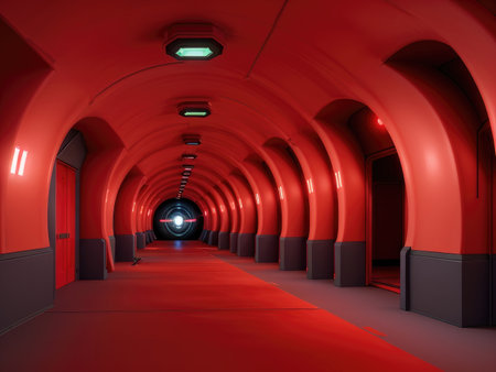 A long, red, arched corridor with subtle lighting leads to a bright light at the far end, creating a futuristic and somewhat mysterious atmosphere.の素材
