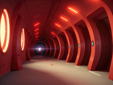A digitally rendered image showcases a long, curved red corridor in a futuristic setting, illuminated by neon lights, leading to a bright, circular portal at the end.の素材