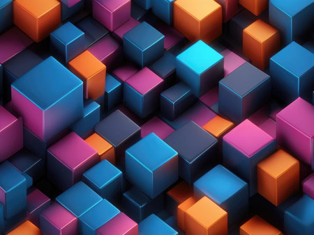 A digitally rendered image showcases an abstract composition of colorful glossy cubes in varying shades of blue, orange, and pink, creating a three-dimensional geometric pattern.の素材