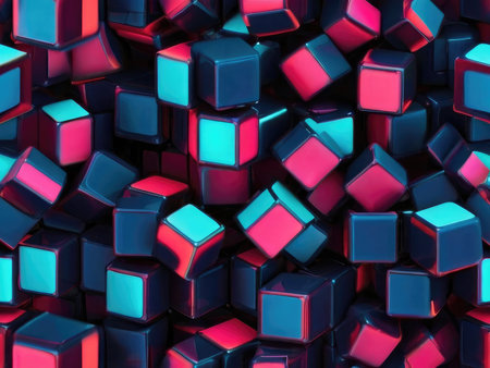 A digital illustration showcases a chaotic pile of glossy cubes exhibiting vibrant pink and blue hues.の素材