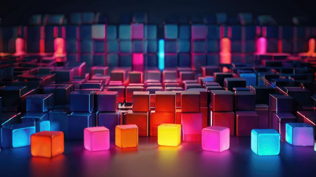 A digital rendering of brightly colored glowing cubes arranged in an abstract geometric pattern.の素材