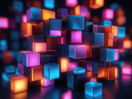 A 3D rendering of a cluster of glowing neon-colored cubes forming an abstract structure.の素材
