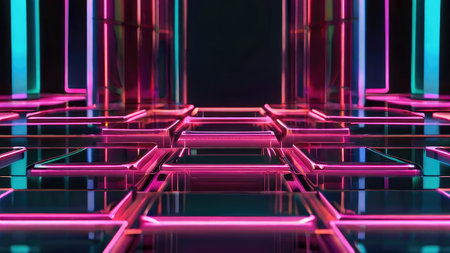 A digitally rendered image of a futuristic abstract structure with pink and teal neon lights reflecting on glossy surfaces.の素材