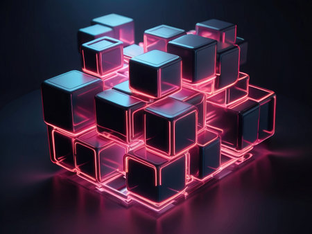 A digital rendering of numerous glossy cubes illuminated with pink and blue neon lights creating an abstract structure.の素材