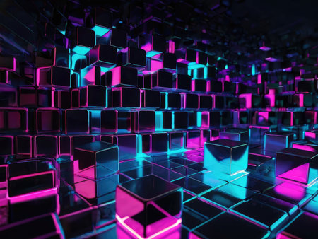 A digital artwork depicting a multitude of reflective cubes illuminated with vibrant neon pink and blue light.の素材