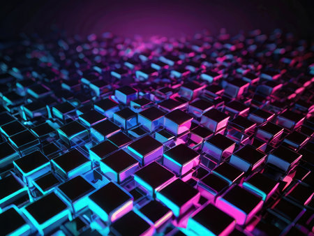 A digital rendering showcases a vibrant array of iridescent cubes illuminated by neon pink and blue lights creating a futuristic aesthetic.の素材