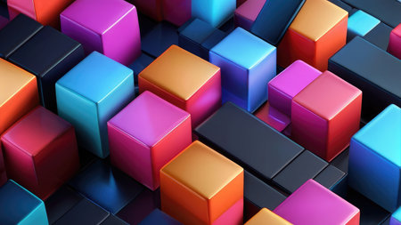 A close up image showcases an abstract composition of glossy colorful cubes arranged in a dynamic three dimensional pattern.の素材
