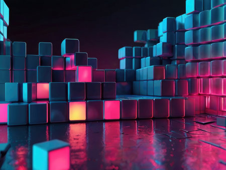 A digital 3D rendering depicts a neon-lit abstract structure composed of many glossy cubes in shades of blue and pink.の素材