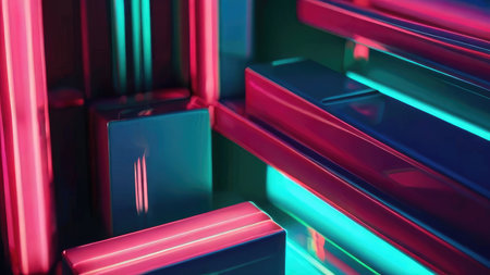 A digital rendering of abstract geometric shapes illuminated by vibrant neon pink and teal lights creating a modern and dynamic visual.の素材