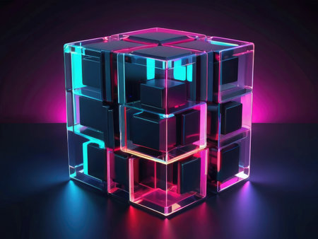 A digitally rendered image showcases a neon-lit glass cube composed of smaller, interlocking cubes, creating an abstract and geometric artwork.の素材