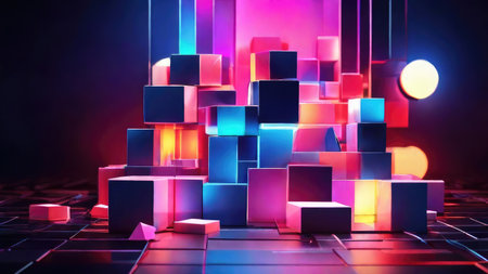 A digital rendering showcases a vibrant abstract arrangement of glowing neon cubes in pink, blue and purple hues.の素材