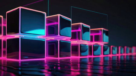 A digital rendering of glowing neon cubes reflecting in a dark liquid surface creating an abstract and futuristic image.の素材