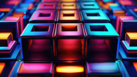 A close-up view of an abstract arrangement of vibrant neon-colored cubes forming a geometric pattern.の素材