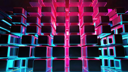 A digital rendering showcases a multitude of shiny cubes illuminated with vibrant pink and blue neon lighting creating an abstract 3D structure.の素材