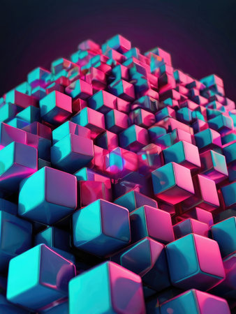 A digital illustration featuring a mass of glossy pink and teal cubes forming an abstract geometric pattern.の素材