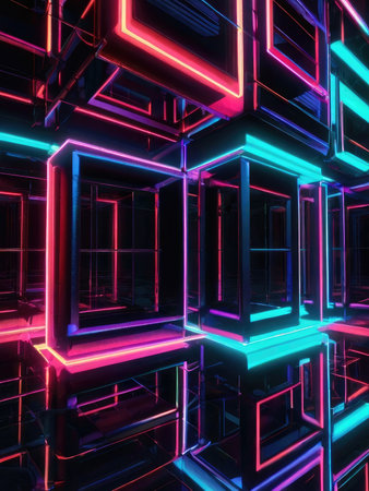 A digital image depicting a complex array of reflective cubes illuminated by neon pink and blue lights in a dark setting.の素材