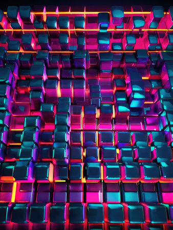 A digital image of a vibrant pattern featuring shiny neon cubes in various shades of pink, purple, teal and orange.の素材
