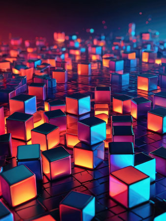A digital rendering showcases a multitude of glowing, multicolored cubes arranged on a dark, reflective surface creating an abstract and vibrant scene.の素材