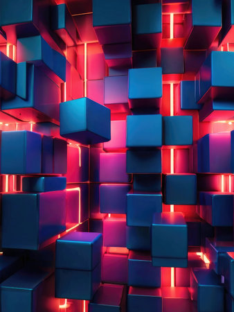 A vibrant abstract composition features an array of glossy blue and pink cubes illuminated by neon lights creating a dynamic interplay of light and shadow.の素材