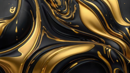 An abstract image featuring swirling, glossy gold and black liquid forms creating a luxurious and dynamic visual effect.の素材