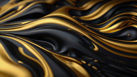 An abstract image showcasing swirling black and gold liquid forms creating a luxurious and dynamic visual effect.の素材