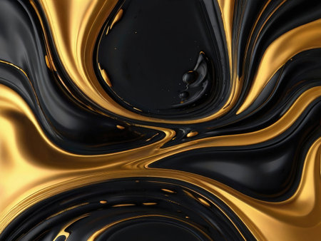 A digital abstract image showcasing swirling black and gold liquid forms creating a luxurious and dynamic visual effect.の素材