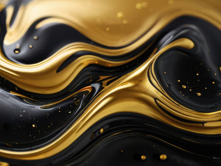 An abstract image showcasing swirling patterns of black and gold liquid creating a luxurious and elegant visual effect.の素材