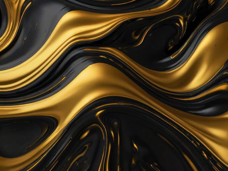 The image shows an abstract design featuring swirling, glossy black and gold liquid, creating a luxurious and dynamic visual effect.の素材