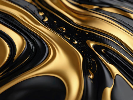 An abstract image showcasing swirling patterns of glossy gold and black liquid creating a luxurious and elegant visual effect.の素材