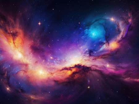 A vibrant cosmic nebula displays swirling colors and bright stars across a dark space background.の素材