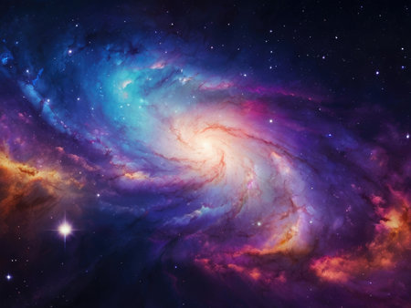The image showcases a stunning spiral galaxy with vibrant colors and cosmic dust swirling around a bright central core.の素材