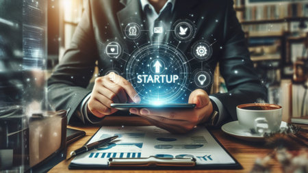 A businessman uses a tablet showing a digital startup concept with upward arrow and related icons.の素材