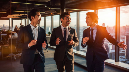Three smiling Asian businessmen in suits are walking and talking in a modern office building.の素材
