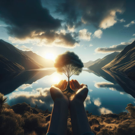 A pair of hands gently cradle a small tree against a backdrop of a tranquil mountain lake at sunset, symbolizing environmental care.の素材