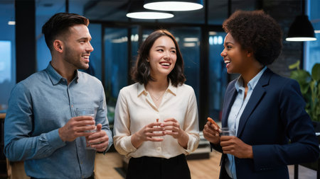 Three diverse business professionals enjoy a relaxed conversation and drinks during a break in their modern office.の素材