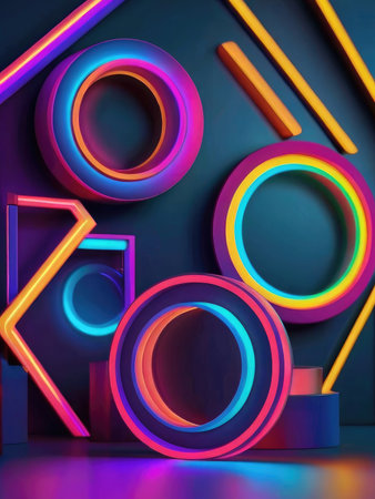 A digital illustration showcases vibrant neon circles and geometric shapes in a modern abstract composition.の素材