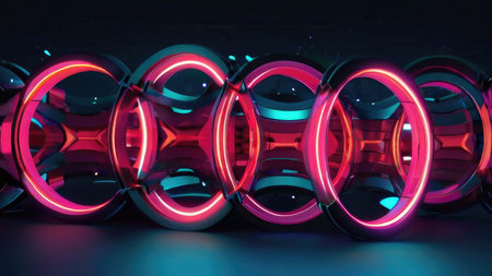 A digital rendering shows several interconnected glossy neon rings glowing in vibrant pink and teal hues against a dark background.の素材