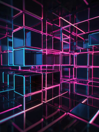 A digital abstract image depicting a complex arrangement of glossy neon-lit cubes in pink and blue hues.の素材