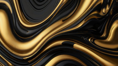 An abstract image featuring swirling patterns of glossy gold and black liquid creating a luxurious and elegant visual effect.の素材