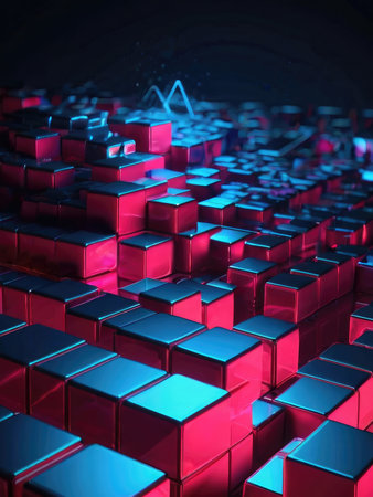 A digital rendering showcases a field of vibrant pink and blue metallic cubes forming an abstract geometric pattern.の素材